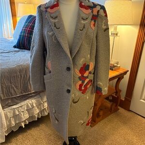 Sundance Tatiana Gray Wool Floral Embroidered Fully Lined Coat, Large!